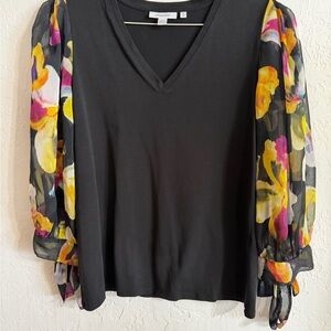 Chico's Black V-Neck Top with Floral Puff Sheer Sleeves